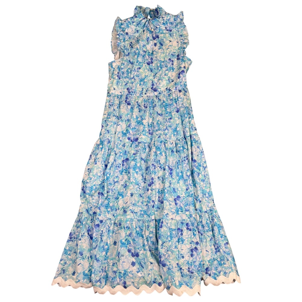 Sara Campbell Blue Floral Tiered Maxi Dress High Ruffle Neck Scalloped Hem M